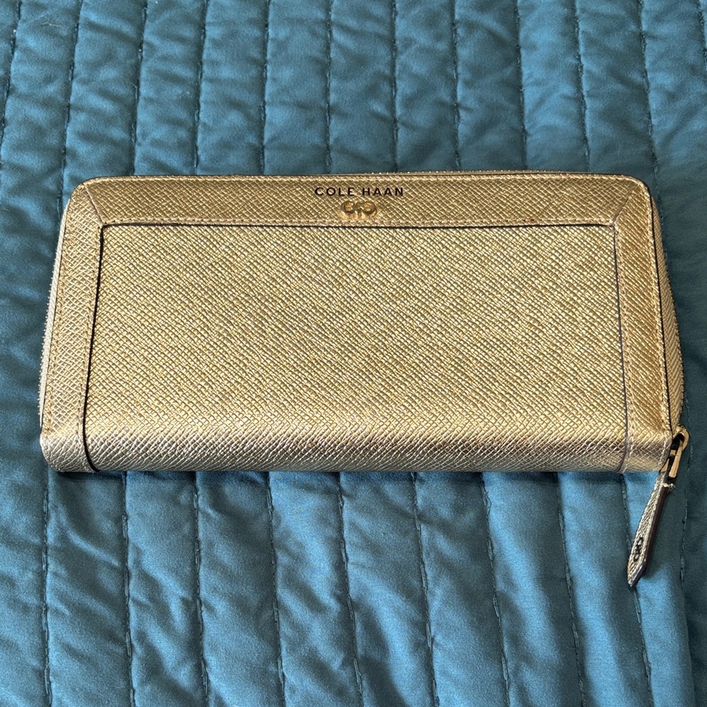 Cole Haan Metallic Gold Saffiano Leather Zip Wallet